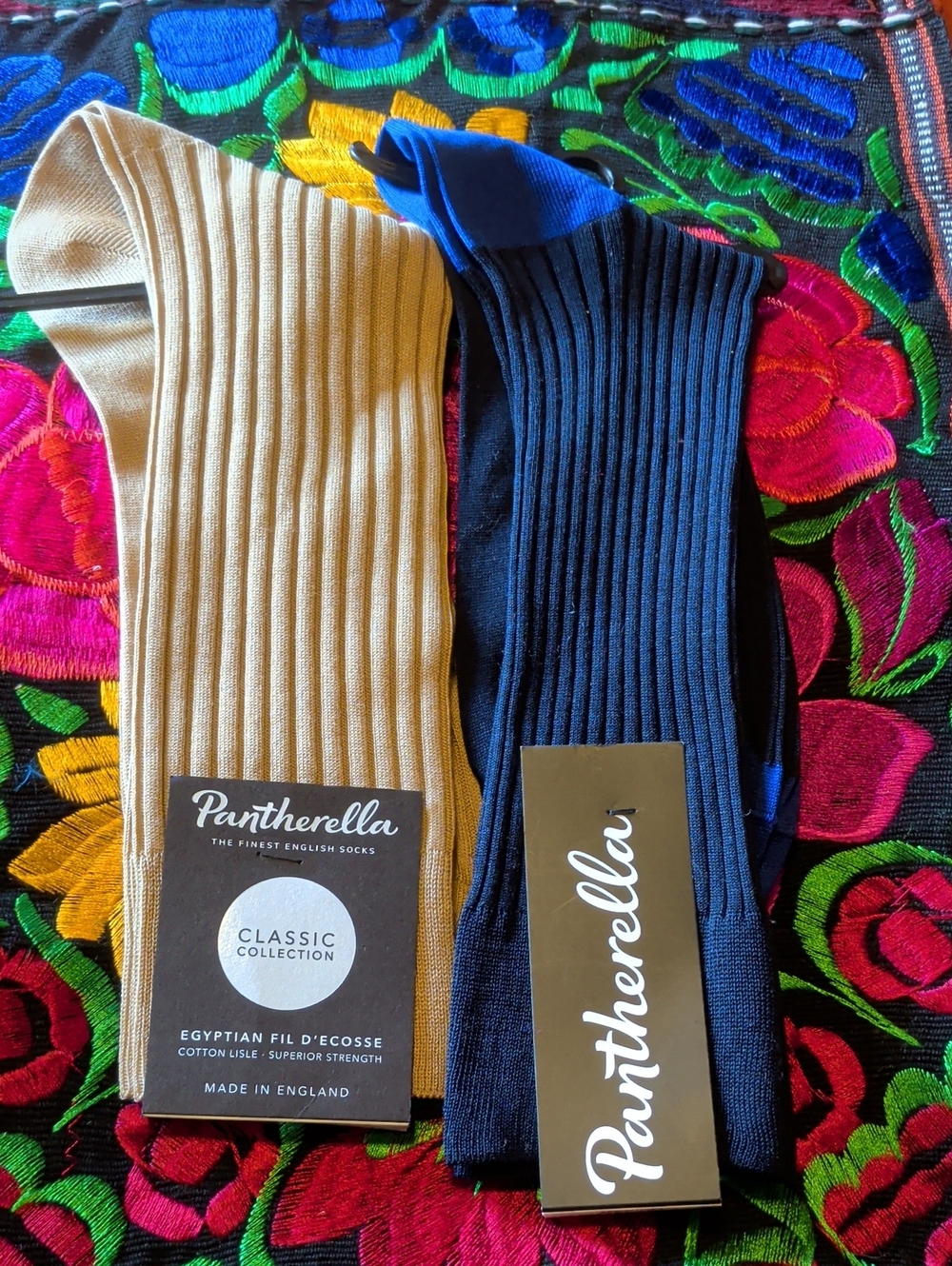 2 pairs Pantherella Ribbed Dress Socks in Beige and Navy with Blue Accents